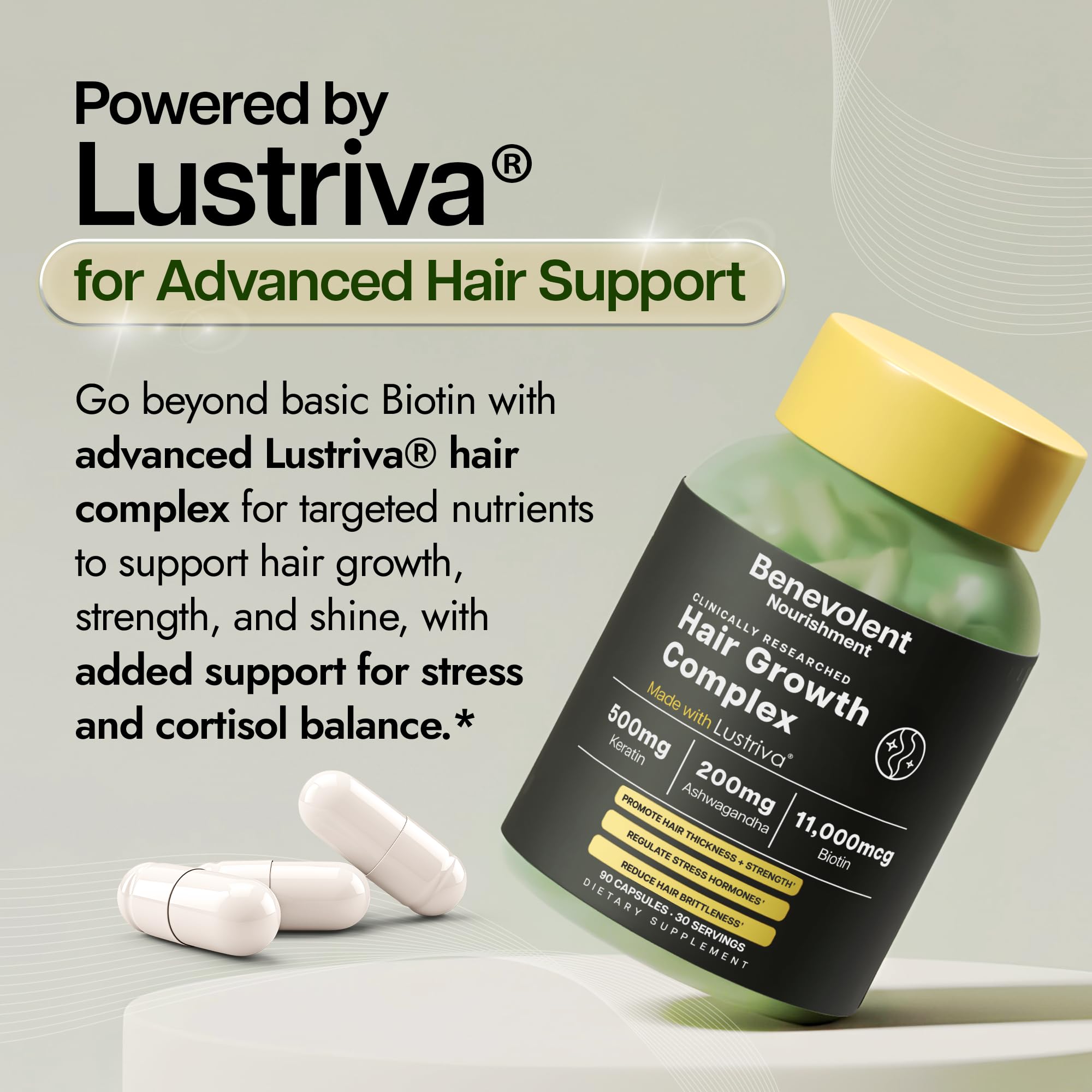 Etiqueta de Benevolent Lustriva con lista de ingredientes y beneficios visibles