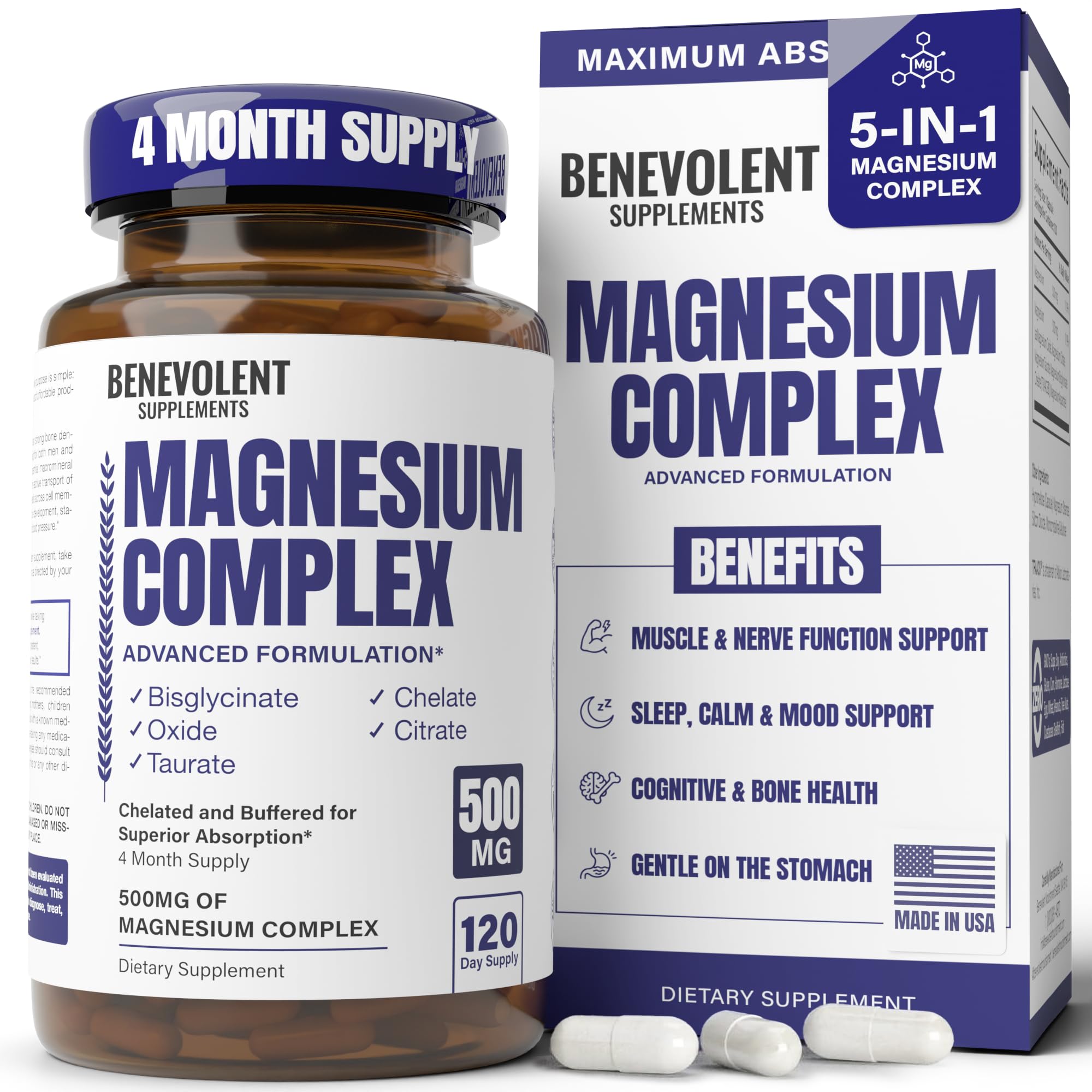 Benevolent Nourishment frontal del envase mostrando 120 cápsulas y beneficio claridad
