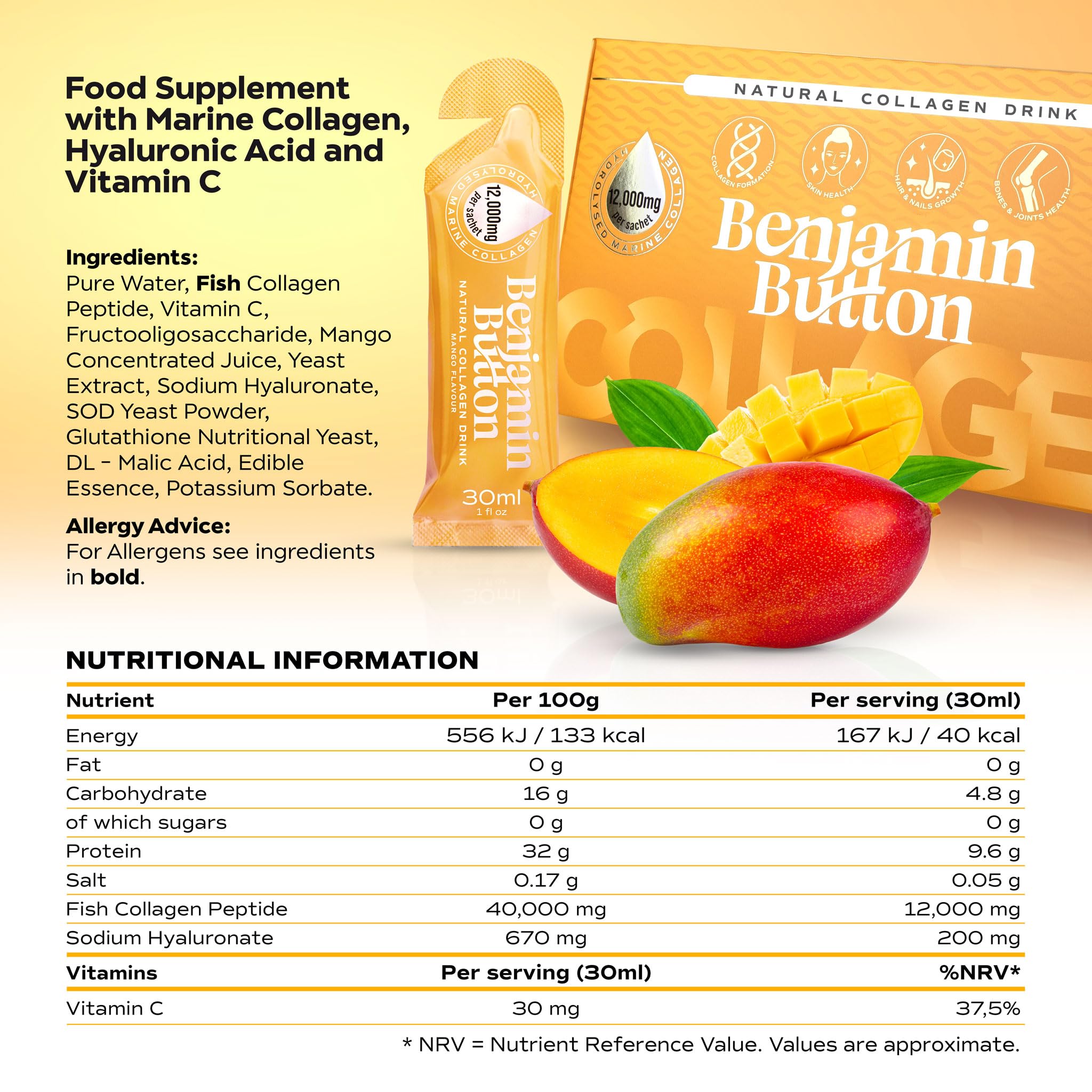 Vial de Benjamin Button sobre fondo con mango indicando sabor natural refrescante