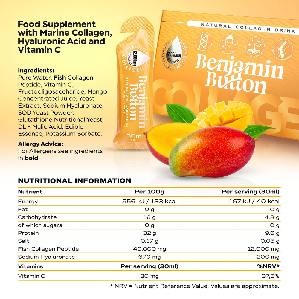 Vial de Benjamin Button sobre fondo con mango indicando sabor natural refrescante