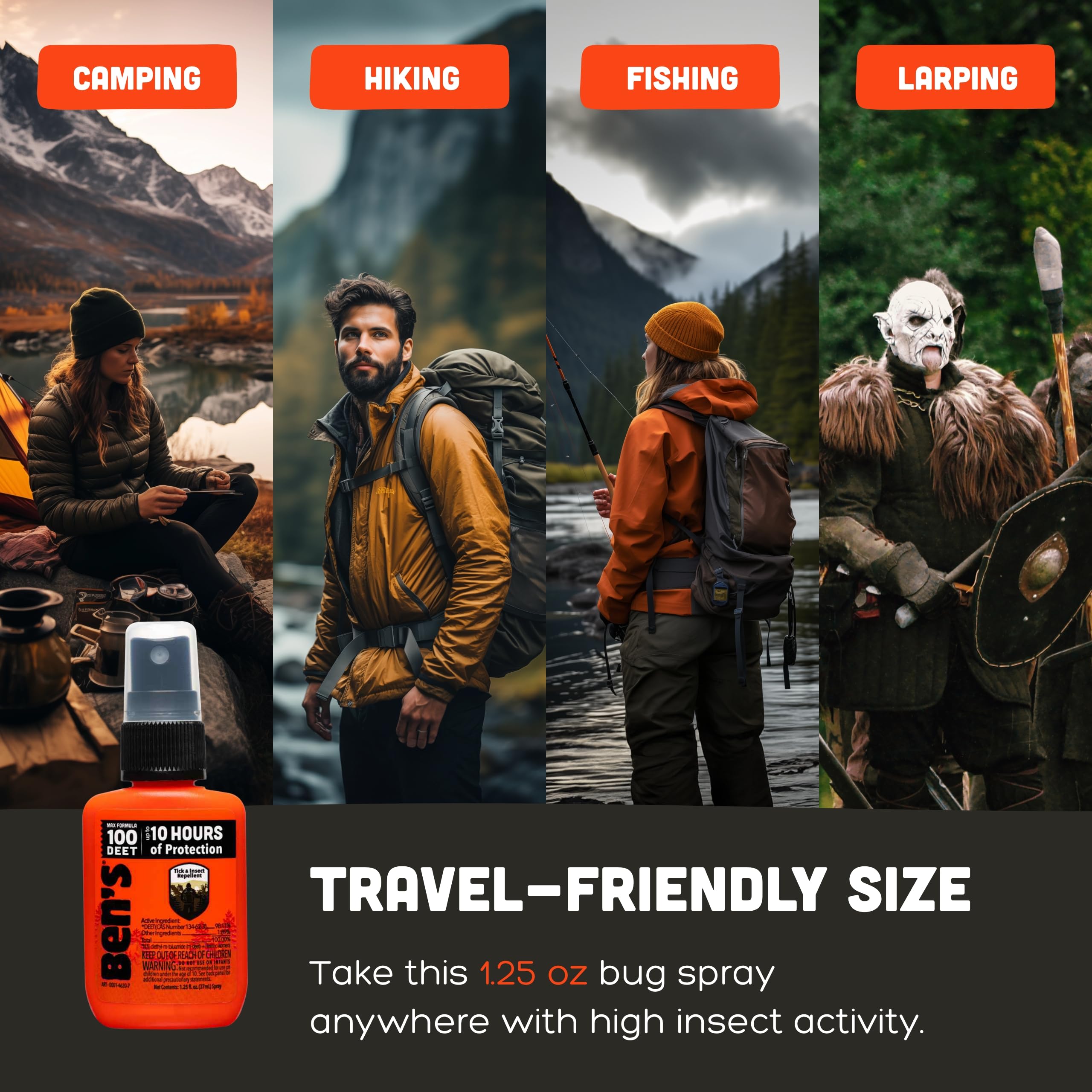 Dos botellas Ben's 100 dentro de una mochila, ideal para excursiones largas