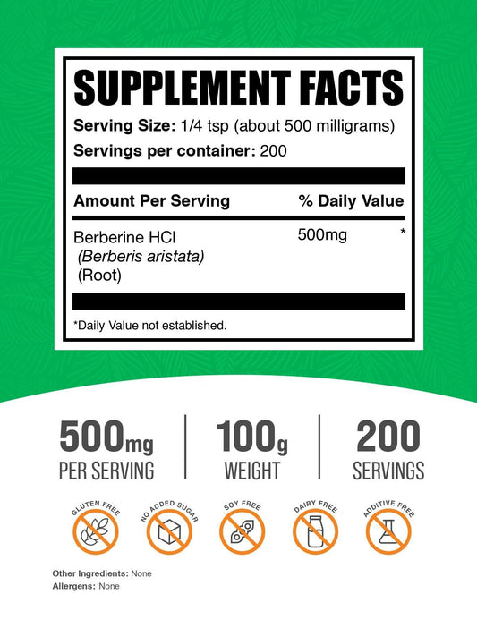 BulkSupplements Berberina HCl, etiqueta cercana, informa pureza y usos