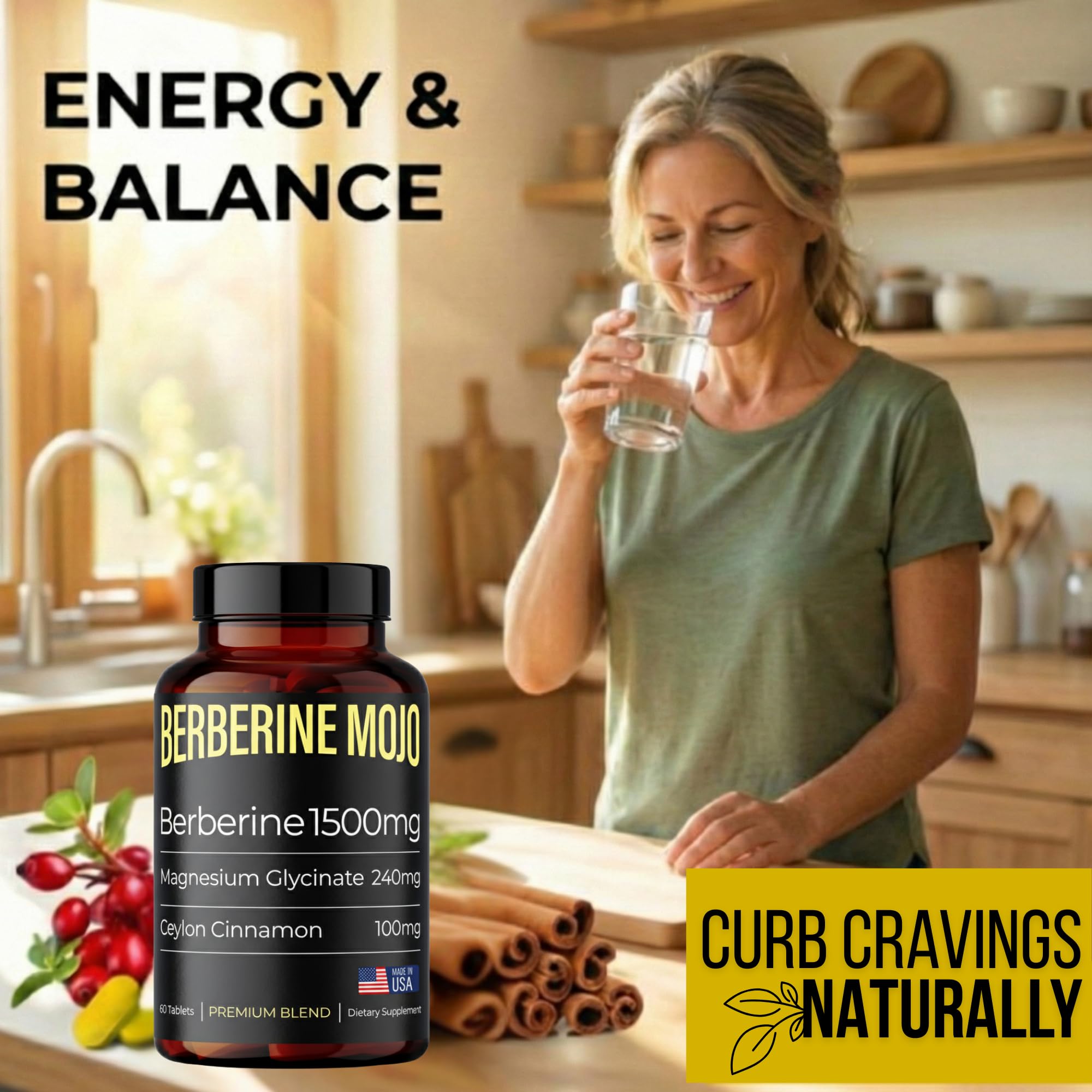 Escena de estilo de vida con Berberine Mojo en mesa de desayuno saludable