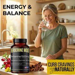 Escena de estilo de vida con Berberine Mojo en mesa de desayuno saludable