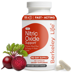 Berkeley Life envase frontal Nitric Oxide Support mostrando suministro de 90 días y beneficio de circulación