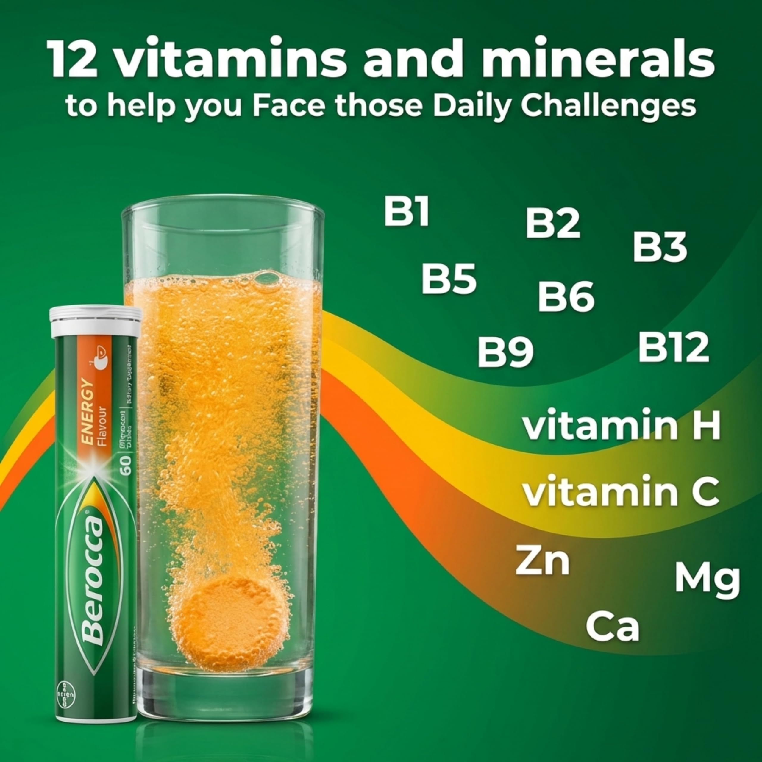 Comprimido efervescente Berocca disolviéndose para rápida absorción