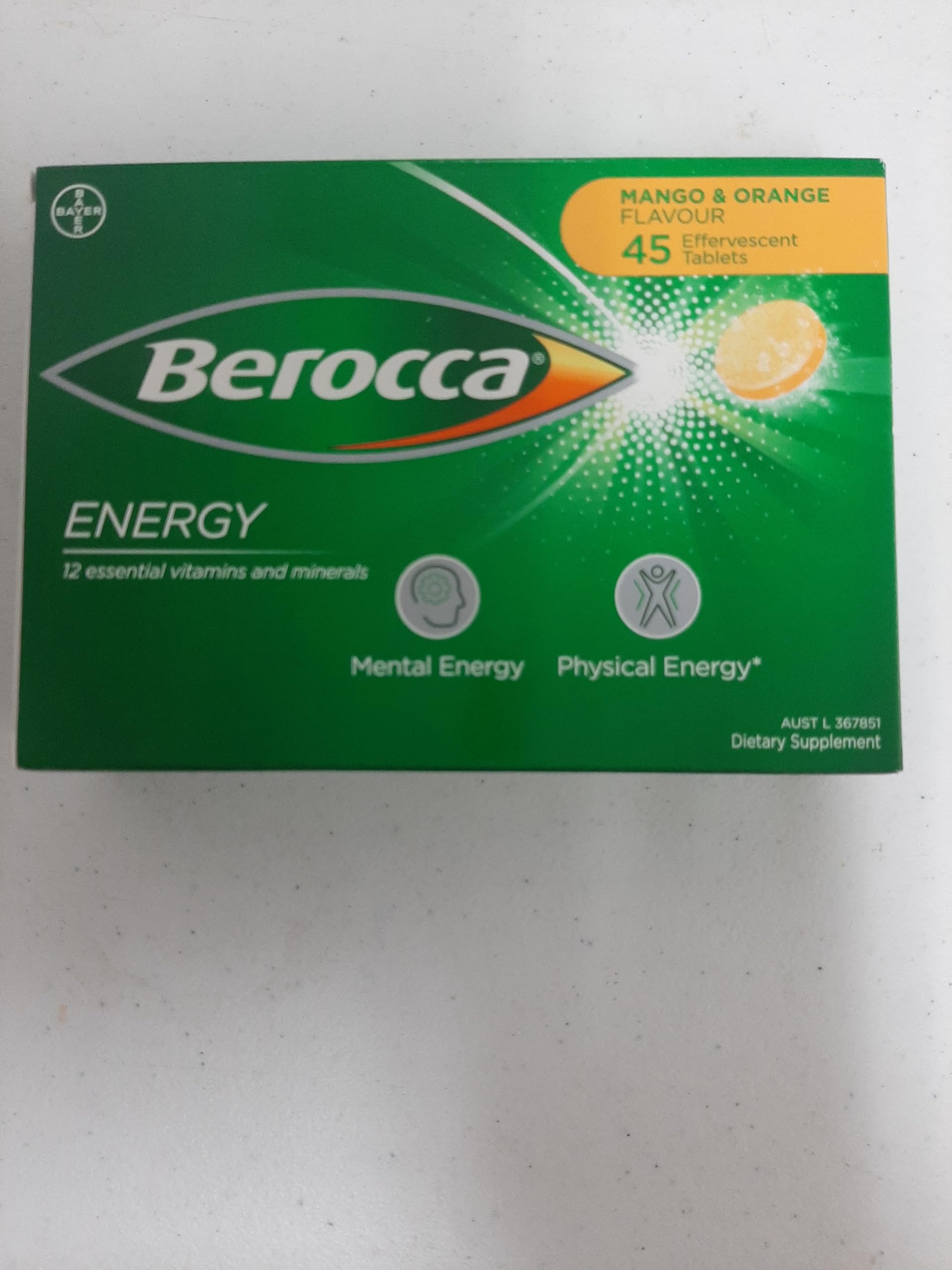 Berocca, envase de 45 tabletas para uso diario.