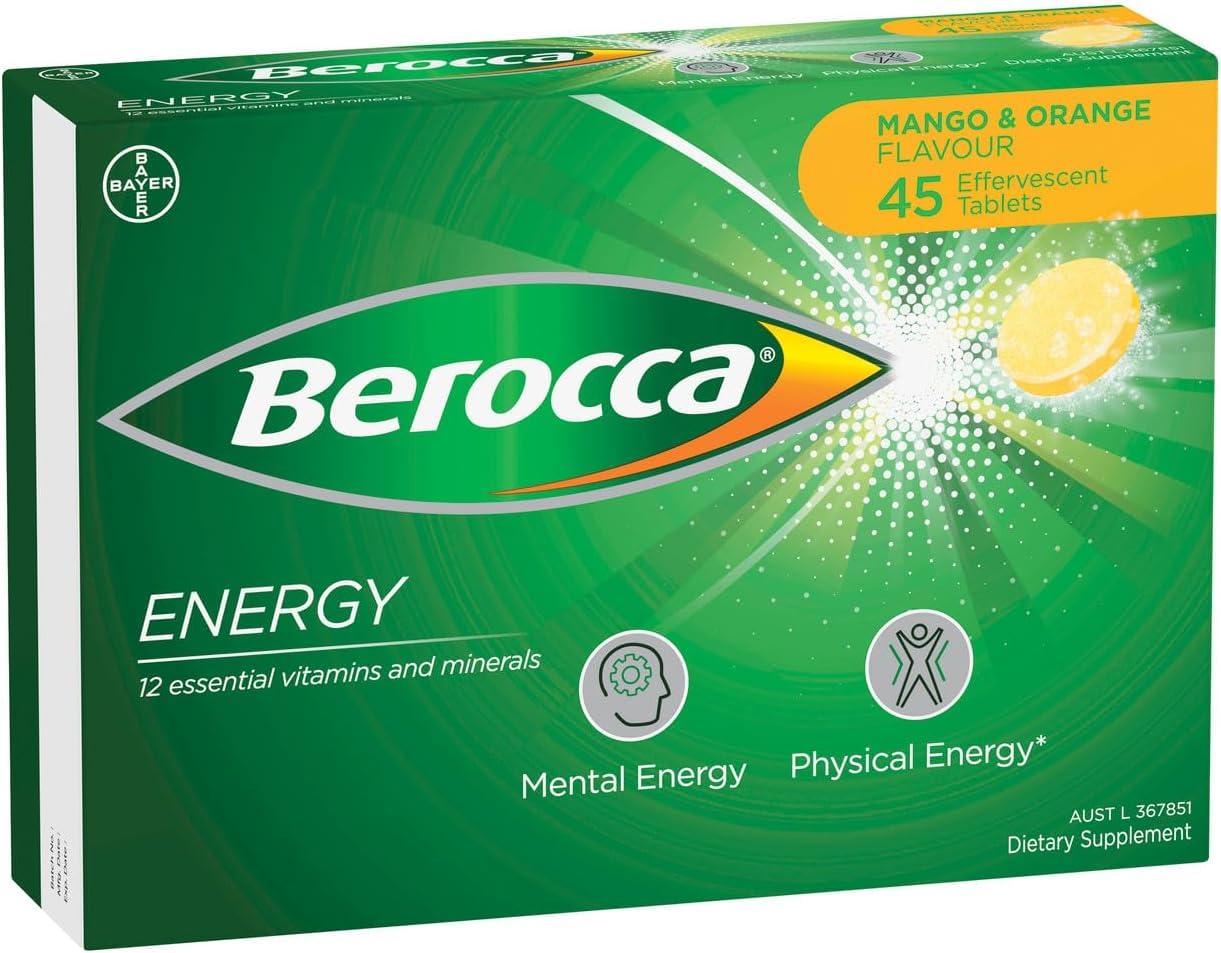 Berocca, tableta efervescente mango-naranja para energía diaria.