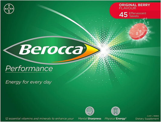 Berocca envase frontal mostrando 45 comprimidos y facilidad de uso