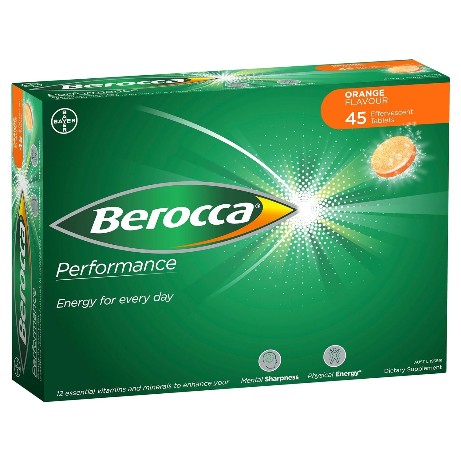 Berocca envase frontal mostrando 45 tabletas y diseño naranja