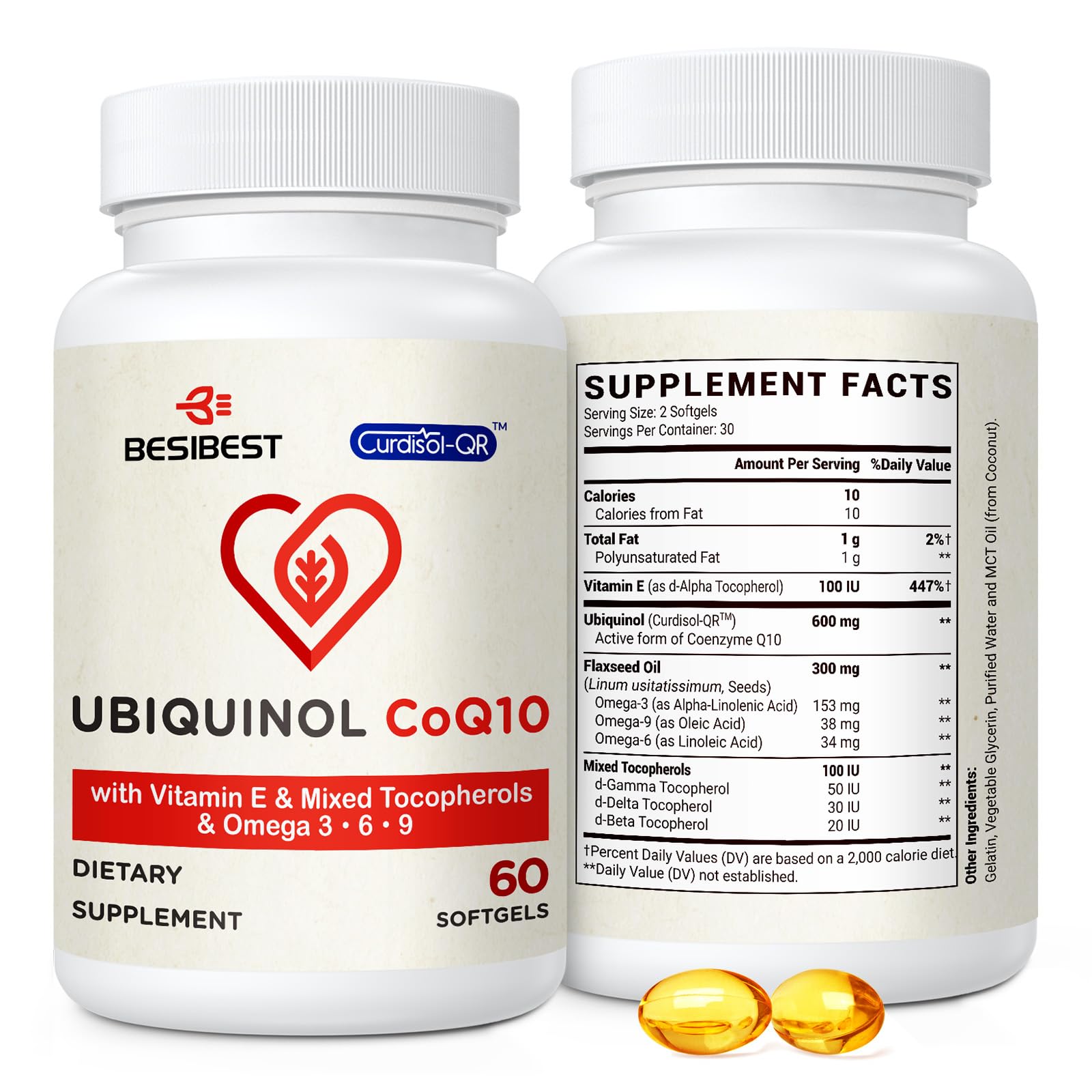 Besibest botella frontal con etiqueta clara que muestra CoQ10 600 mg y beneficios