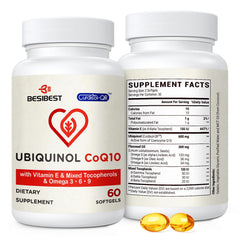 Besibest botella frontal con etiqueta clara que muestra CoQ10 600 mg y beneficios
