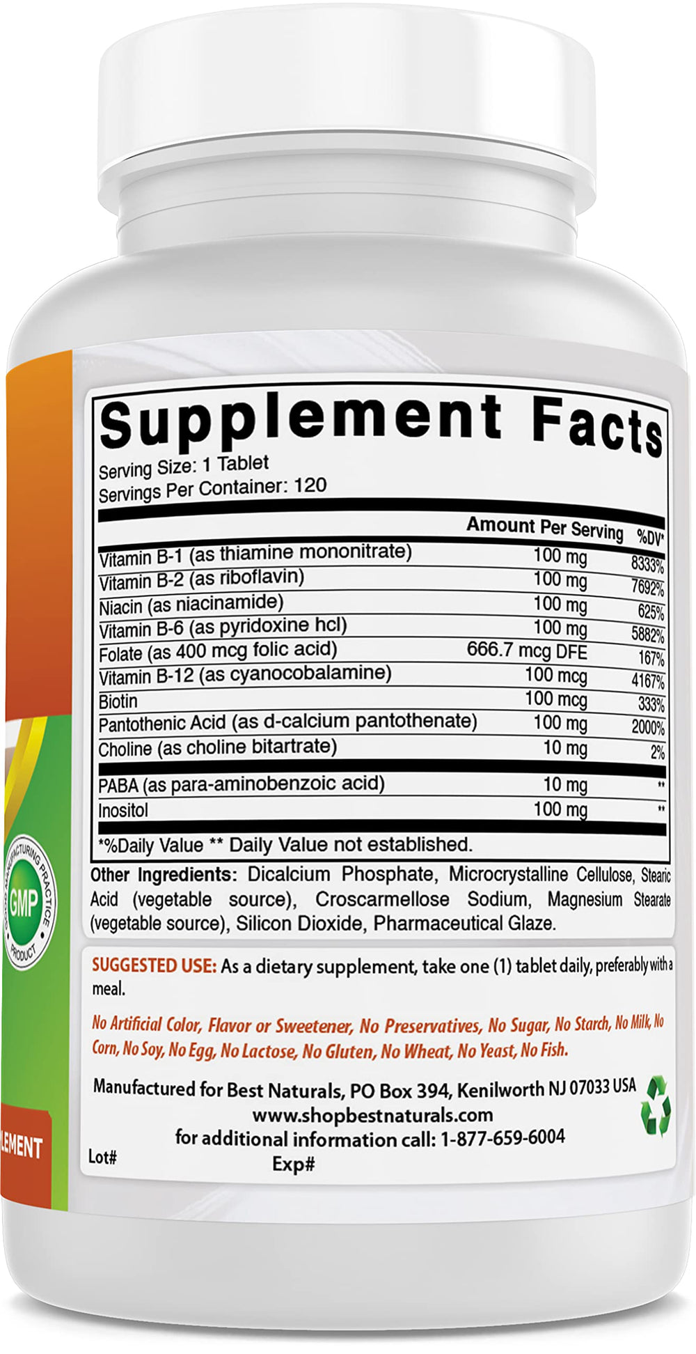 Botella Best Naturals abierta con tabletas visibles para mostrar contenido por porción