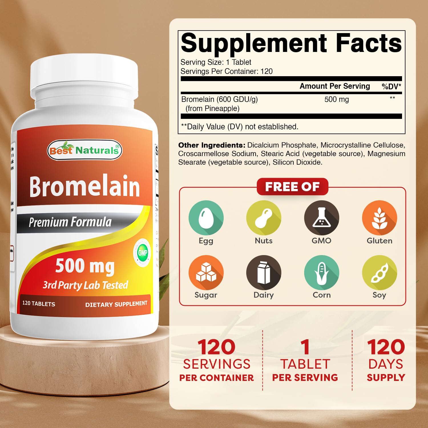 Detalle de una tableta Best Naturals bromelain para mostrar tamaño y textura cómoda