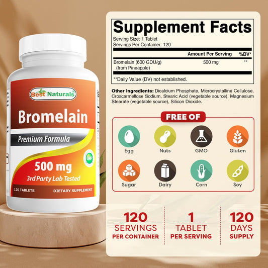 Detalle de una tableta Best Naturals bromelain para mostrar tamaño y textura cómoda