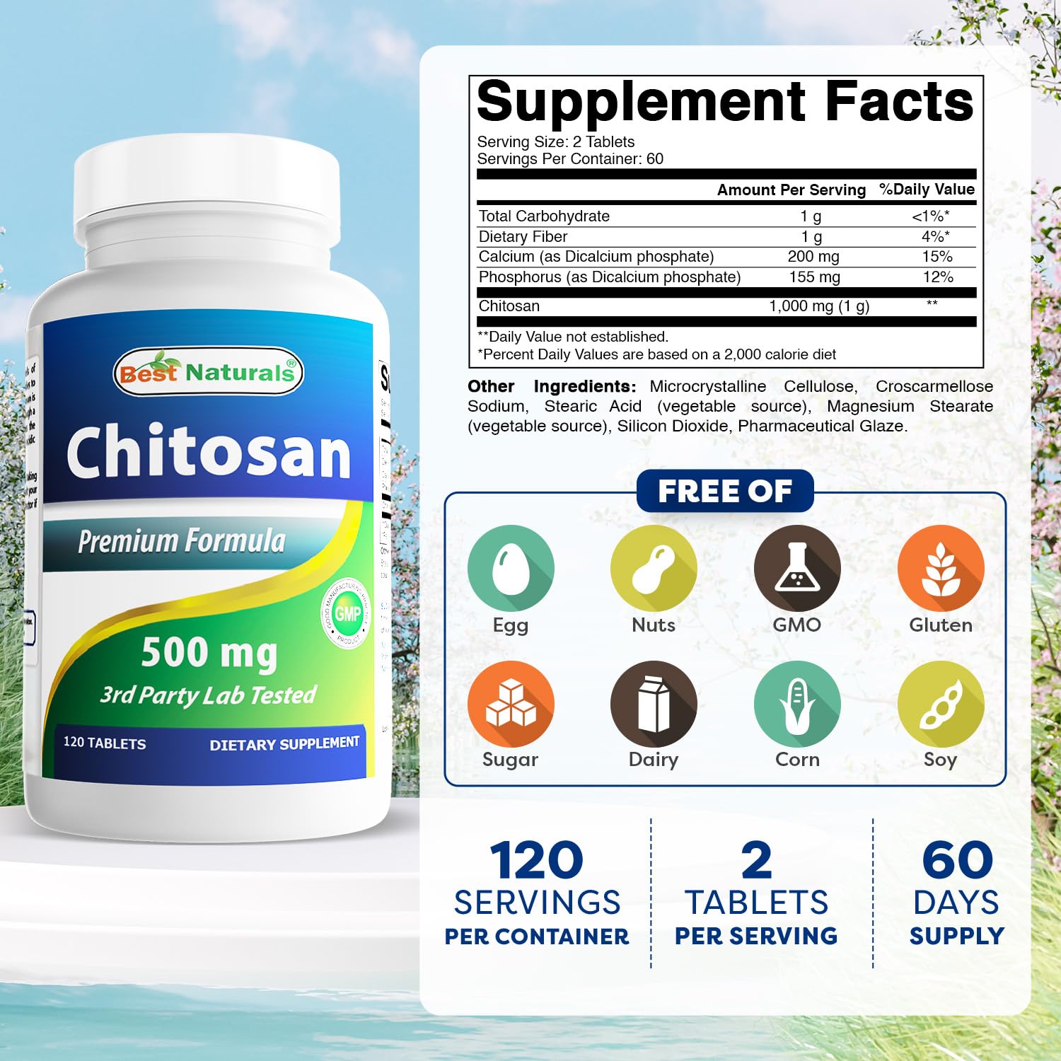 Best Naturals chitosano tabletas, etiqueta clara en el frasco, lectura fácil de beneficios.