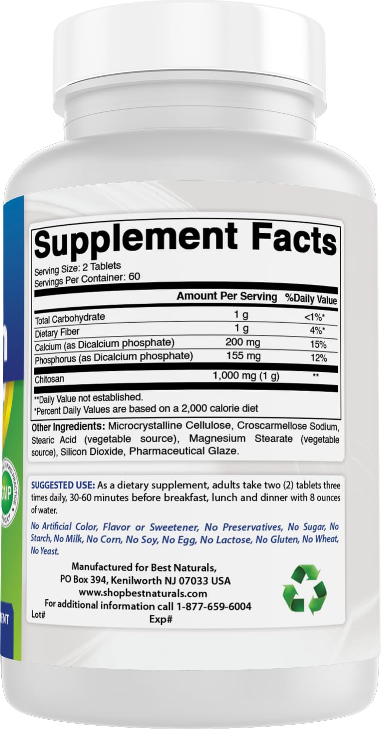 Best Naturals chitosano tabletas, presentación de 120 tabletas para fácil almacenamiento.