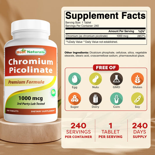 Best Naturals Chromium Picolinato, embalaje de botella, fácil de tragar en rutina diaria