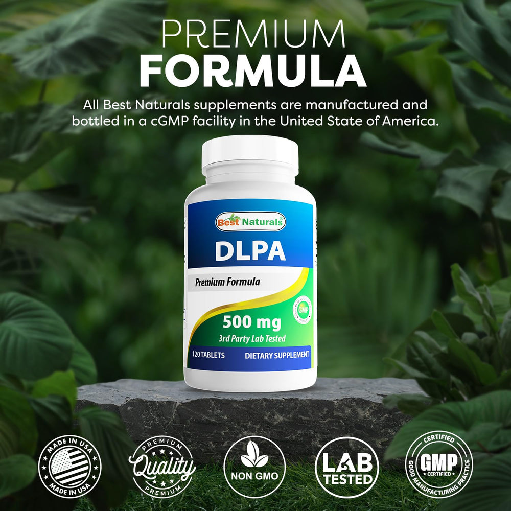 Etiqueta Best Naturals DLPA enfocada, información de dosis y pureza visible