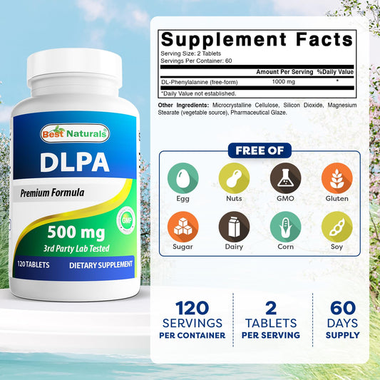 Best Naturals tabletas DLPA mostradas juntas, evidencia de calidad y uniformidad
