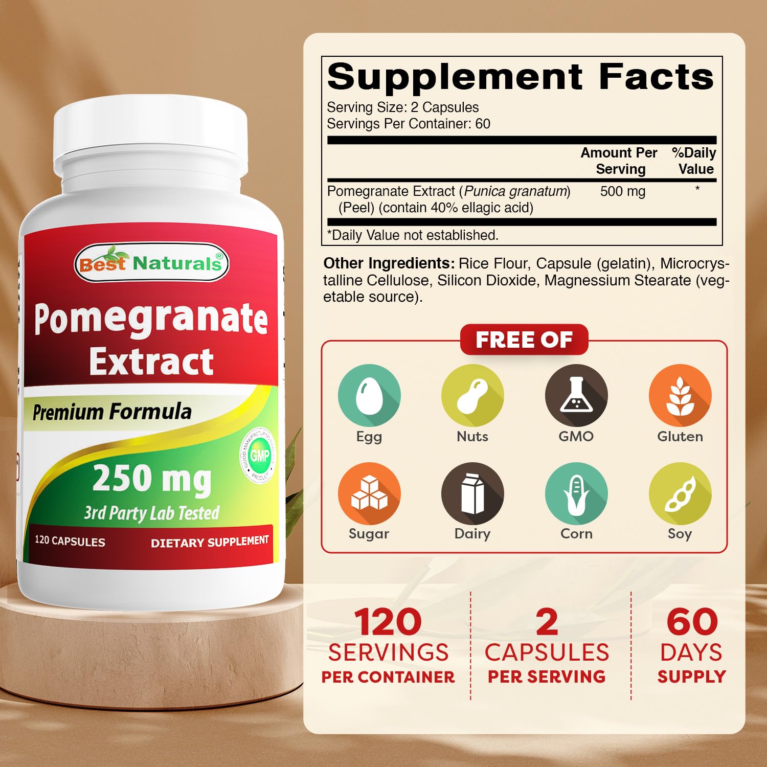 Best Naturals etiqueta con ingredientes y pruebas de laboratorio, transparencia clara