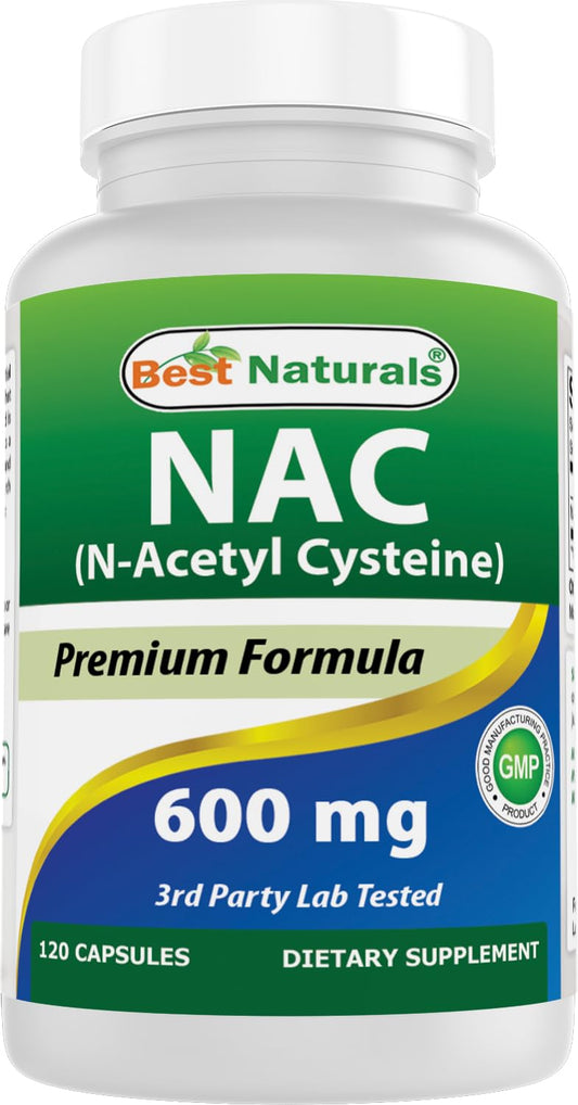 Best Naturals frasco delante NAC 600 mg mostrando etiqueta y beneficios