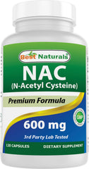 Best Naturals frasco delante NAC 600 mg mostrando etiqueta y beneficios