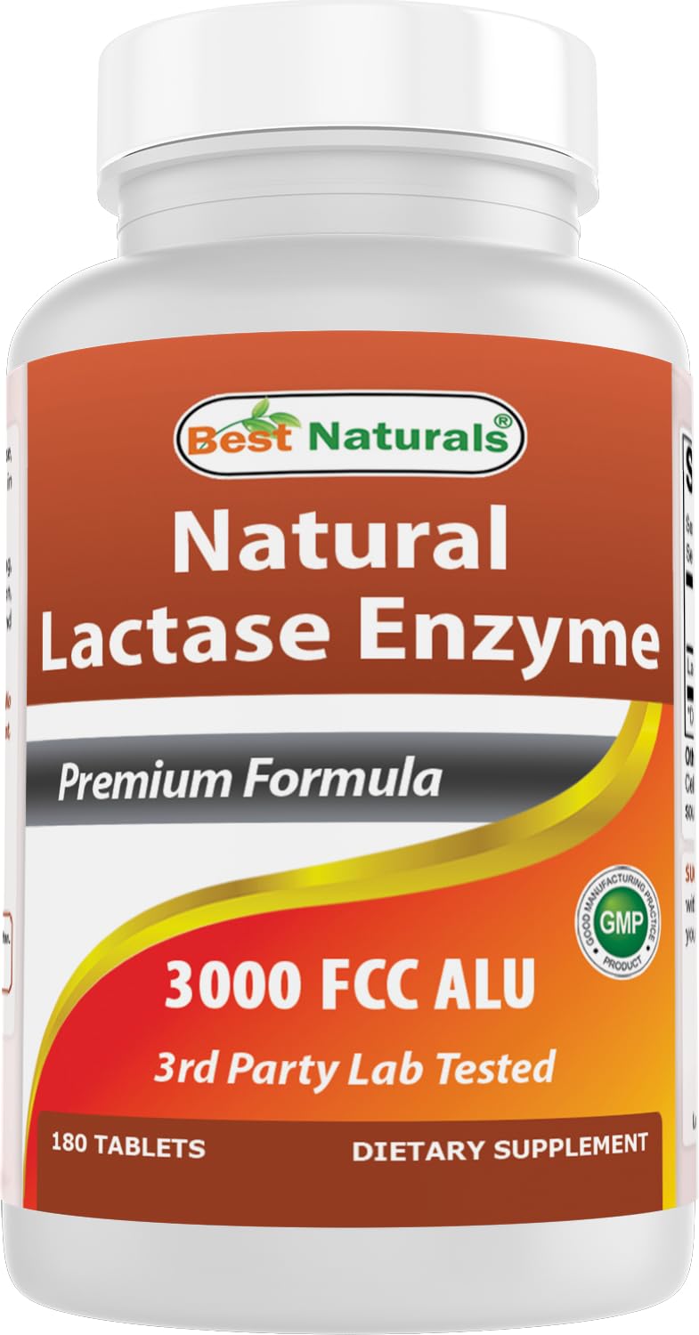 Best Naturals frasco frontal mostrando lactasa 3000 FCC y cantidad 180 tabletas, claridad de producto