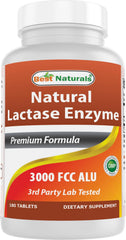 Best Naturals frasco frontal mostrando lactasa 3000 FCC y cantidad 180 tabletas, claridad de producto
