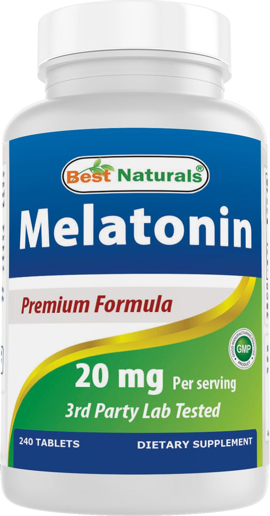 Best Naturals frasco frontal de melatonina 20 mg mostrando presentación grande