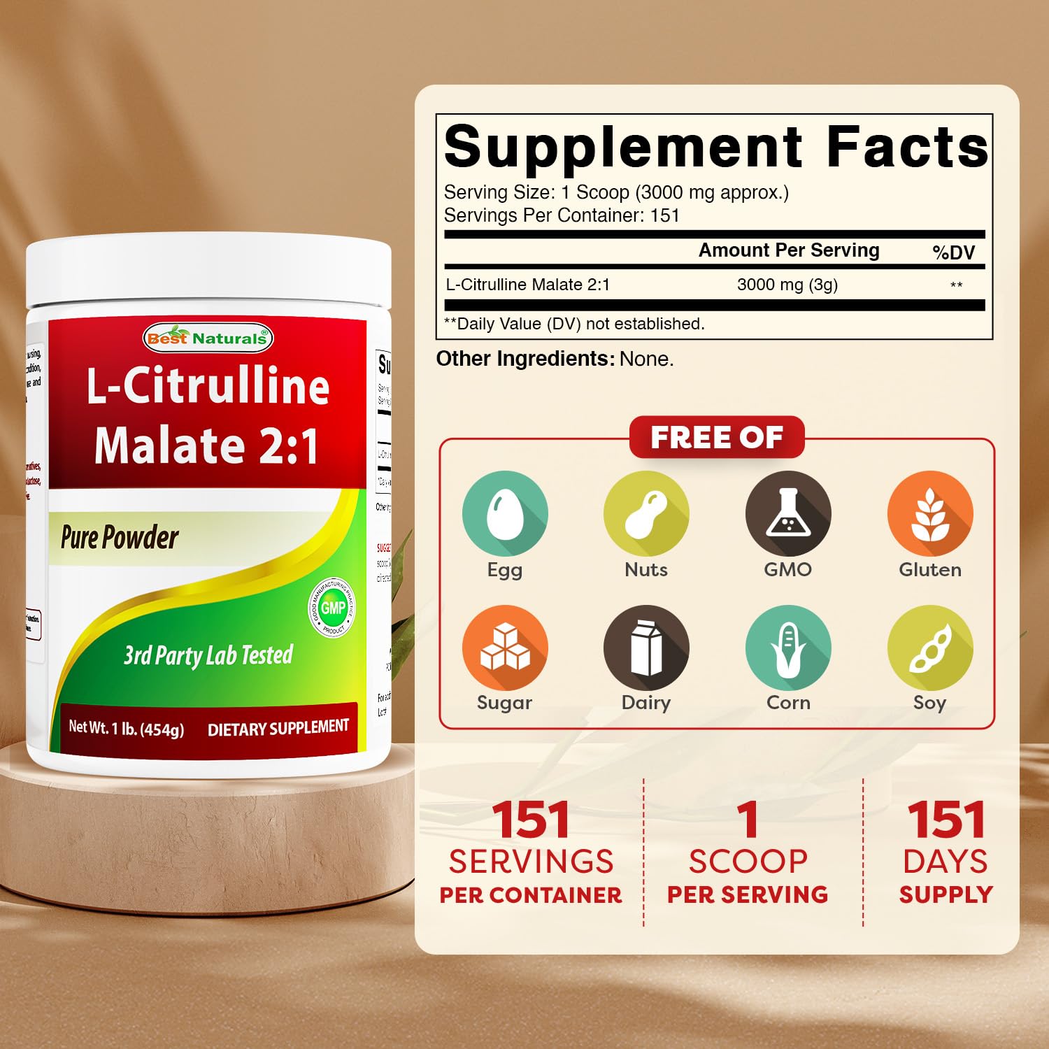 Detalle del polvo Best Naturals L-Citrulline Malate para apreciar textura fina y fácil disolución