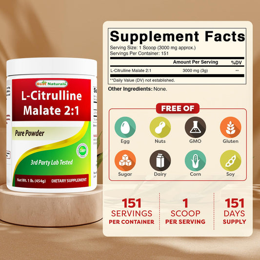 Detalle del polvo Best Naturals L-Citrulline Malate para apreciar textura fina y fácil disolución