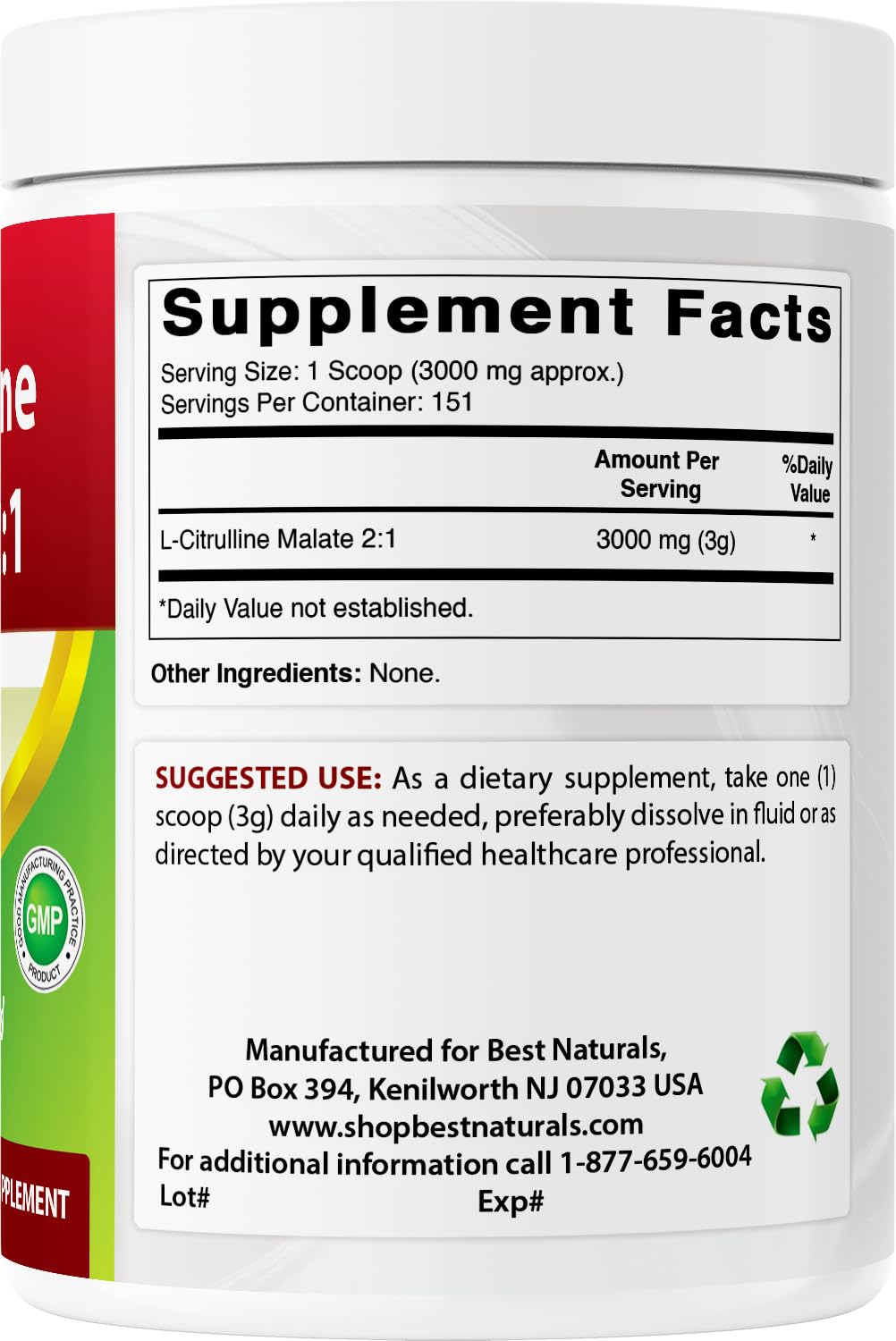 Envase abierto con polvo Best Naturals L-Citrulline Malate listo para medir y preparar porciones