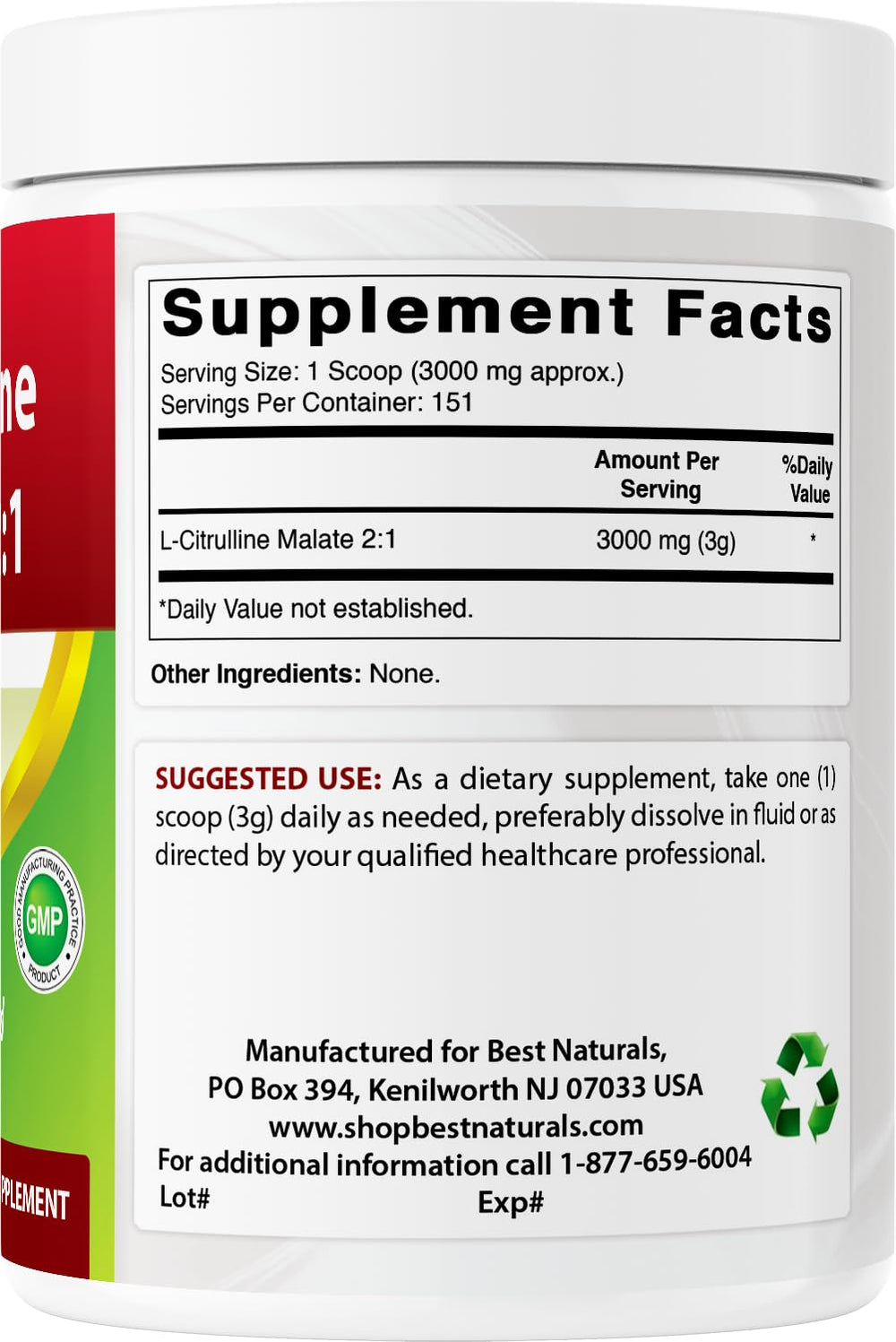 Envase abierto con polvo Best Naturals L-Citrulline Malate listo para medir y preparar porciones