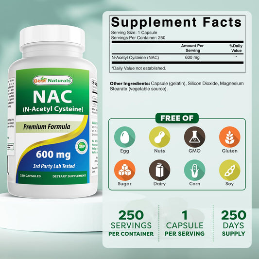 Best Naturals NAC 600 mg, cápsulas-cerradas, dosis conveniente para rutina diaria
