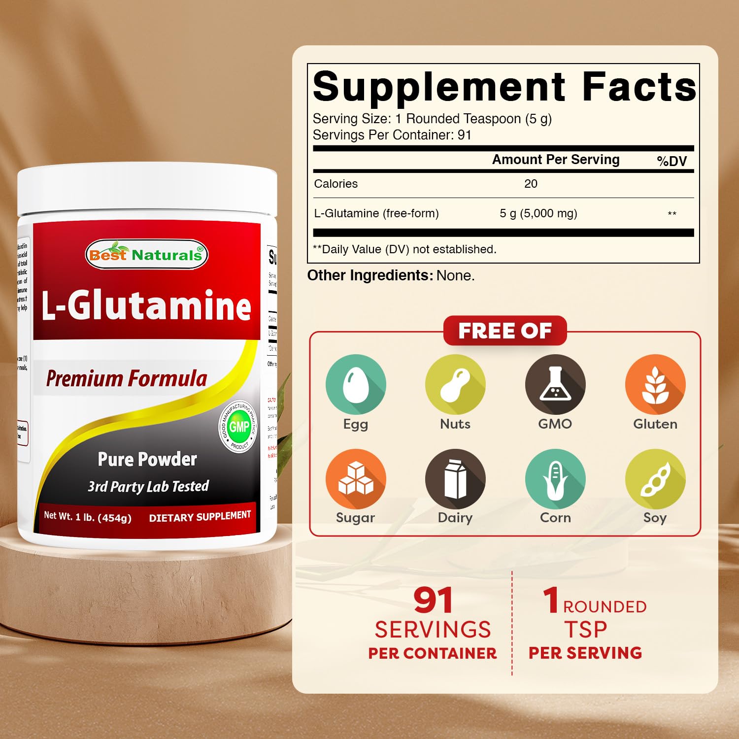 Best Naturals polvo de L-glutamina textura fina para disolución rápida