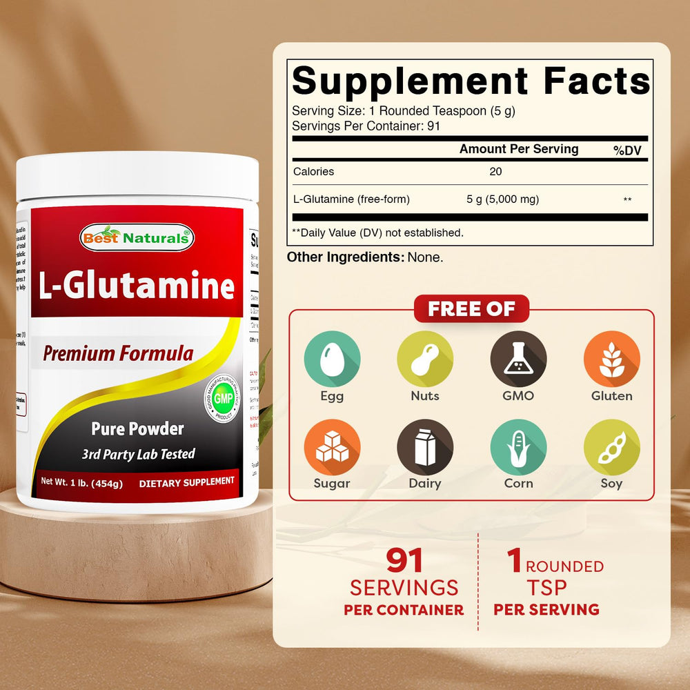 Best Naturals polvo de L-glutamina textura fina para disolución rápida