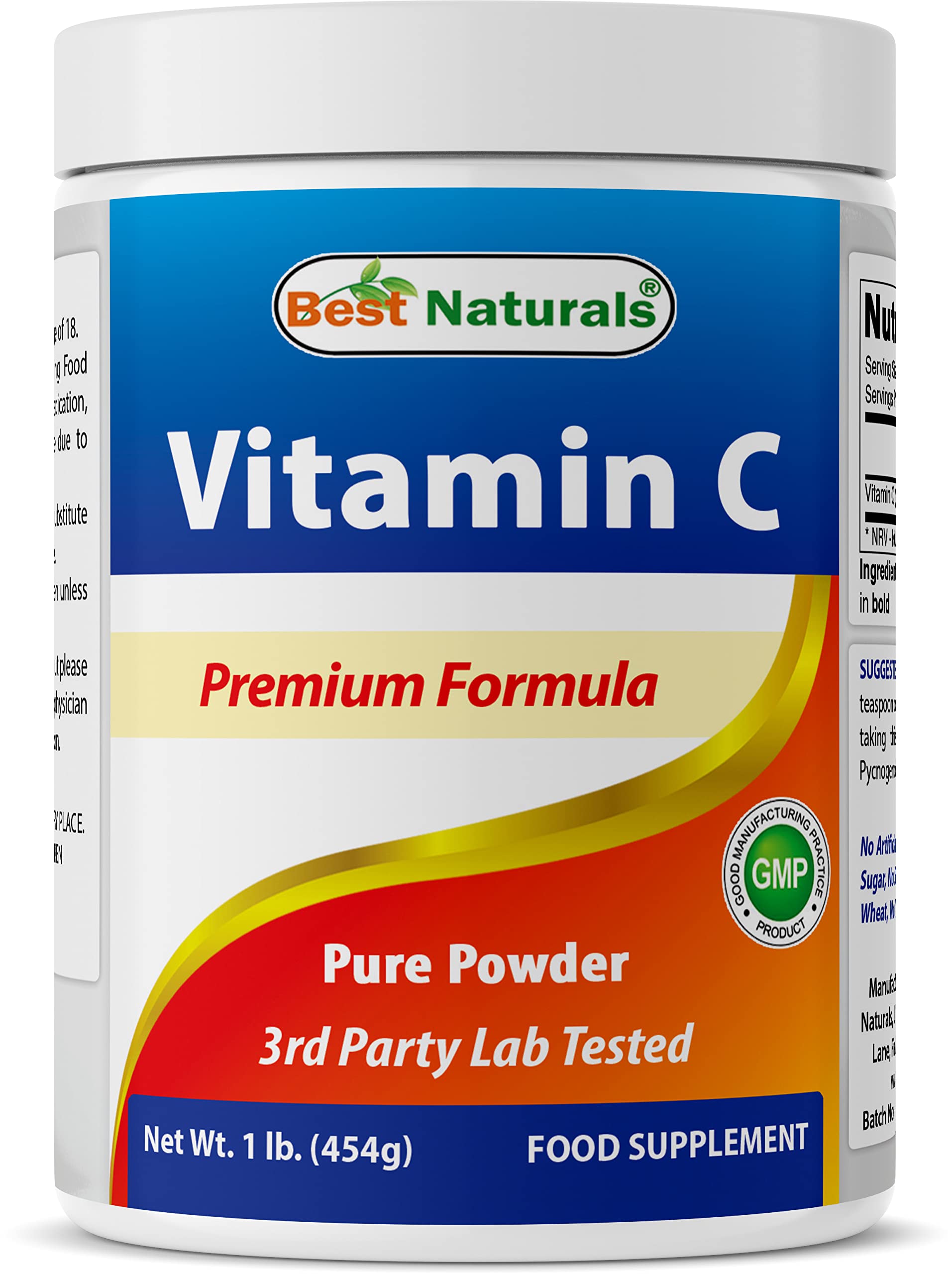 Best Naturals empaque frontal de vitamina C en polvo mostrando la marca y cantidad