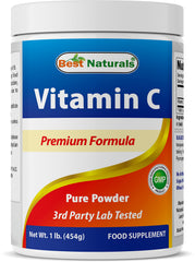 Best Naturals empaque frontal de vitamina C en polvo mostrando la marca y cantidad