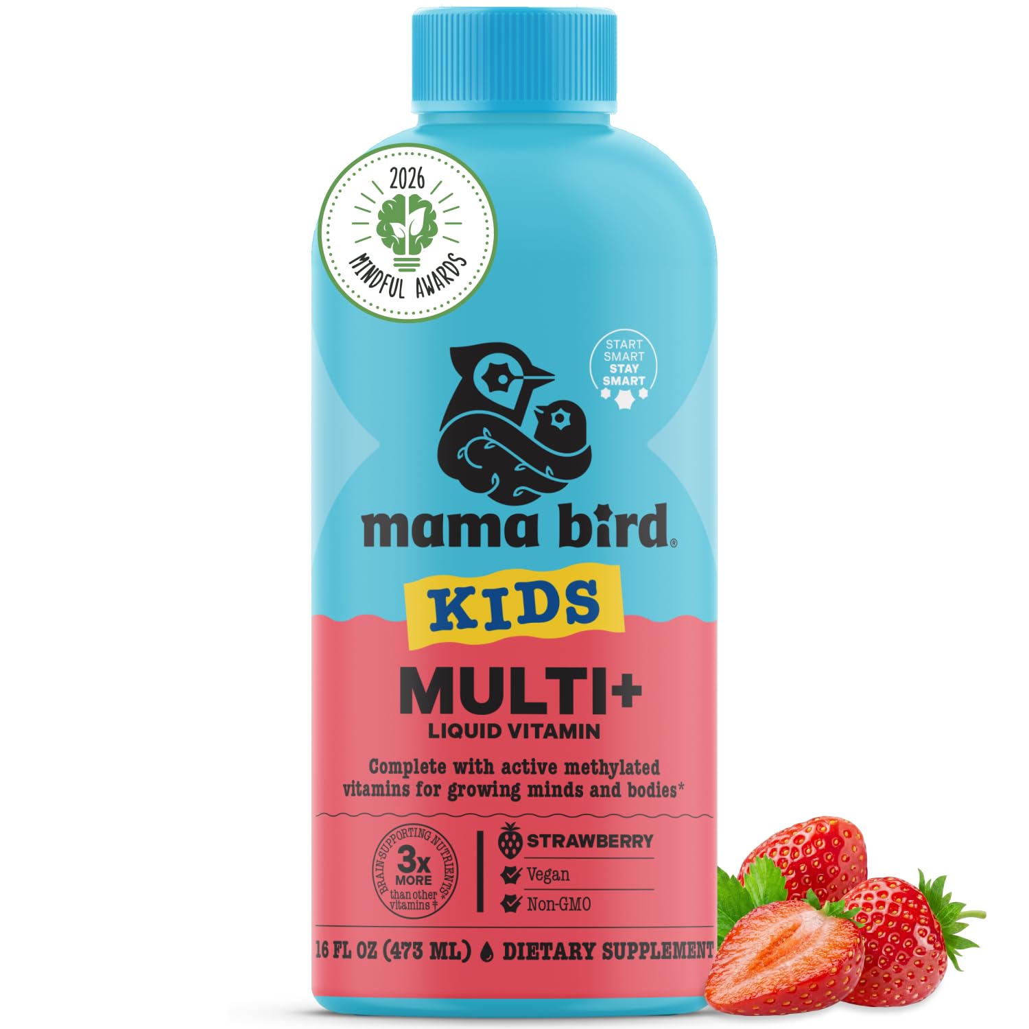 Best Nest Wellness Mama Bird frente del envase mostrando etiqueta y sabor fresa