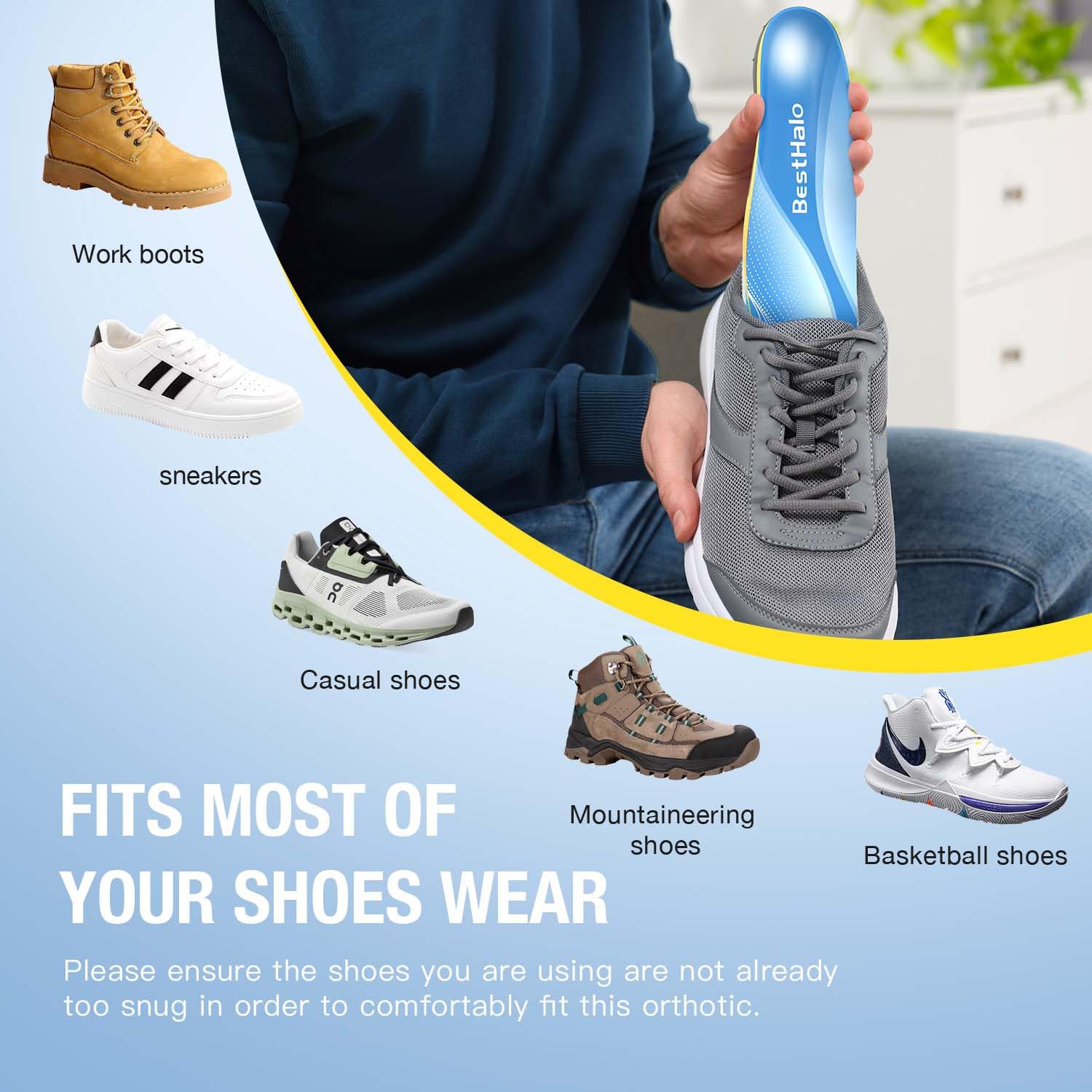 BestHalo plantilla colocada en una zapatilla deportiva mostrando compatibilidad