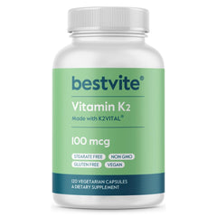 BESTVITE frasco delantero K2 MK-7 mostrando envase y beneficio de pureza