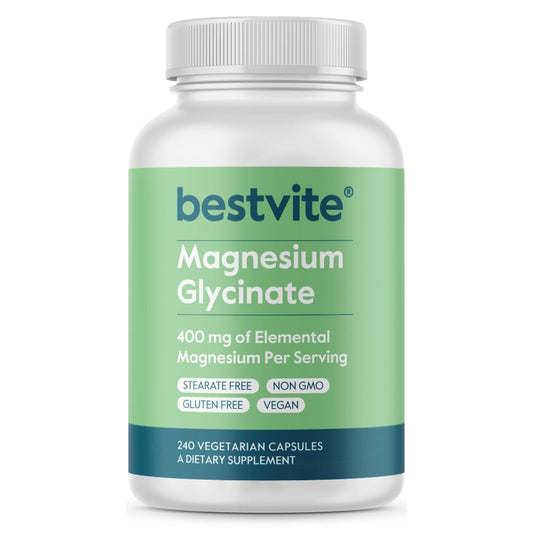 BESTVITE envase frontal de Magnesium Glycinate muestra diseño y dosis clara