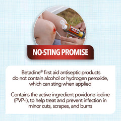 Betadine con objetos cotidianos para comparar tamaño, ideal para botiquín