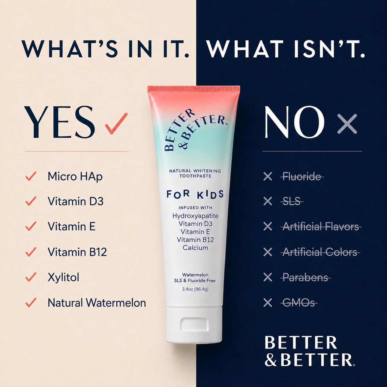 Better & Better etiqueta con vitaminas D3 E B12 destacando apoyo para dientes