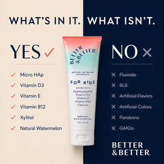 Better & Better etiqueta con vitaminas D3 E B12 destacando apoyo para dientes