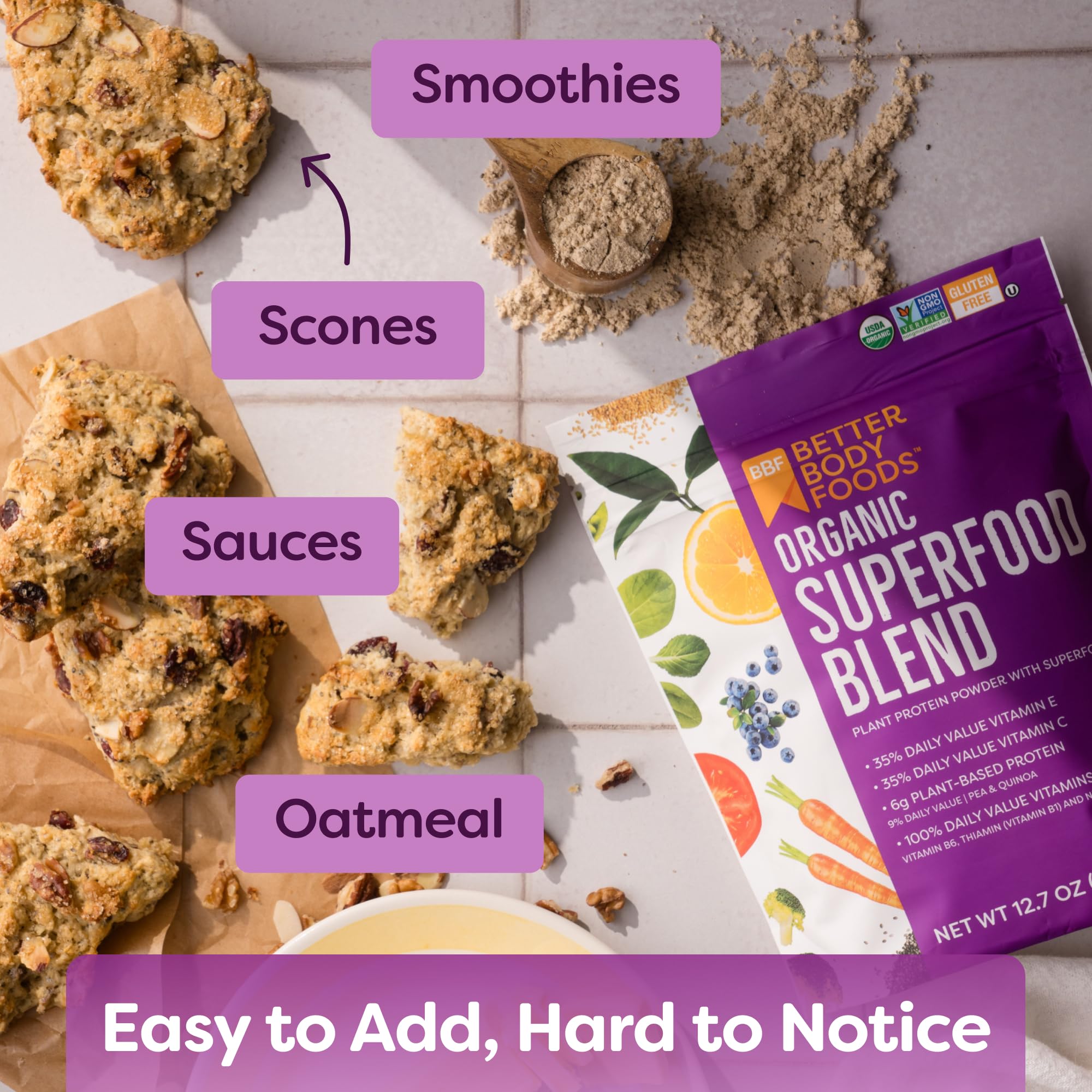 BetterBody Foods mezcla visible de frutas y verduras, contenido antioxidante