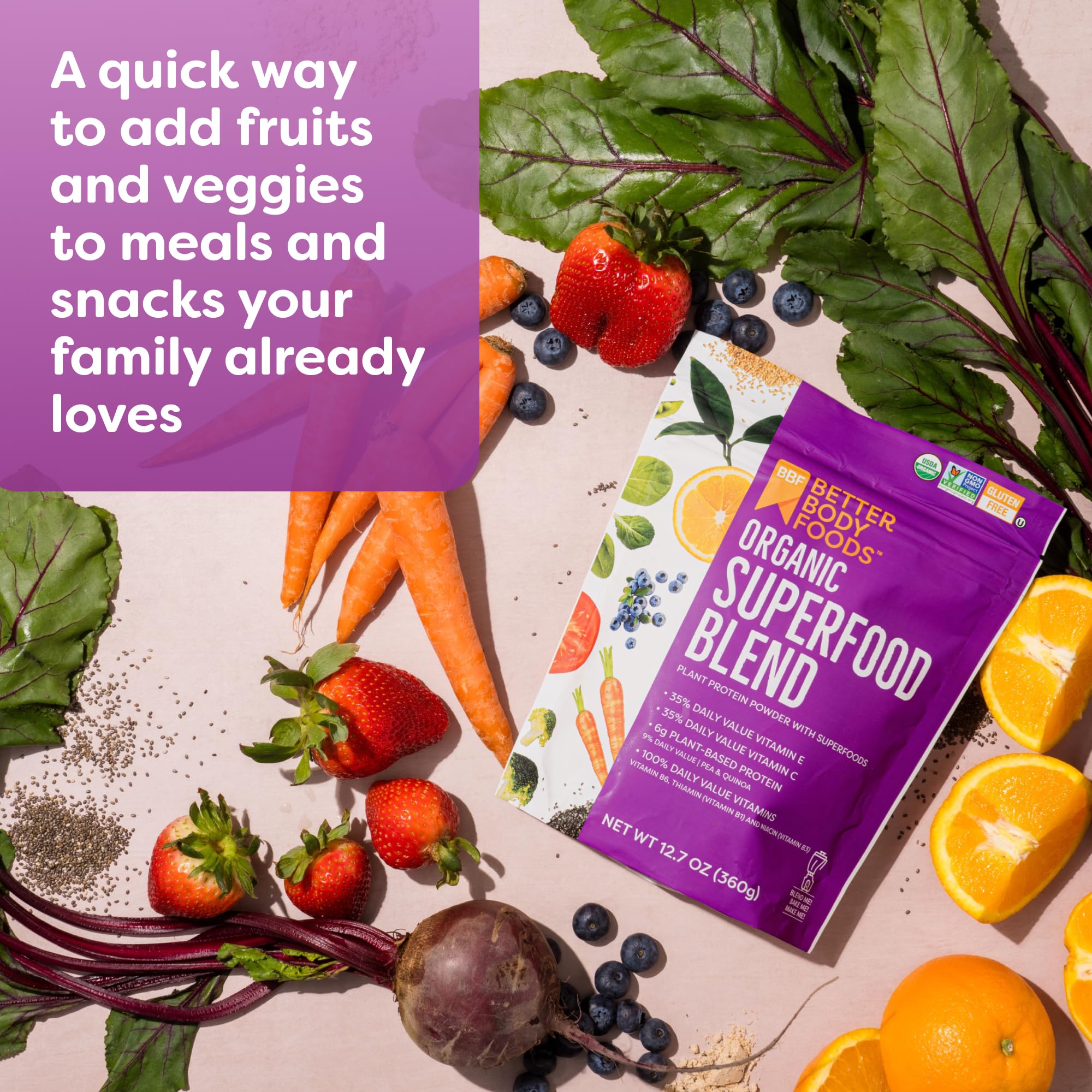 BetterBody Foods polvo texto detalle, textura fina para mezclar rápido
