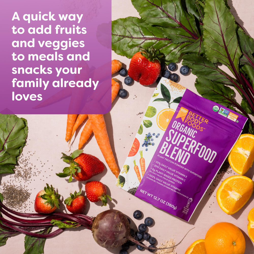 BetterBody Foods polvo texto detalle, textura fina para mezclar rápido