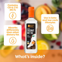BetterBody Foods textura del aceite MCT en cuchara mostrando liquidez y fácil mezcla